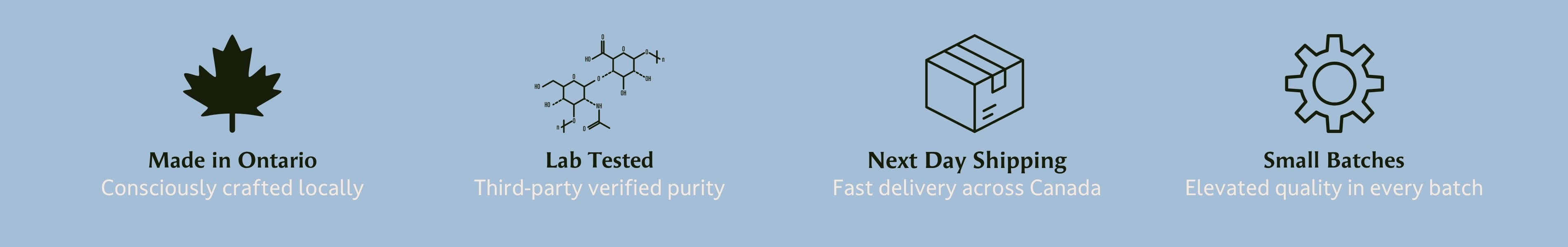 Set of icons and text on a blue background, including 'Made in Ontario', 'Lab Tested', 'Next Day Shipping', and 'Small Batches'.